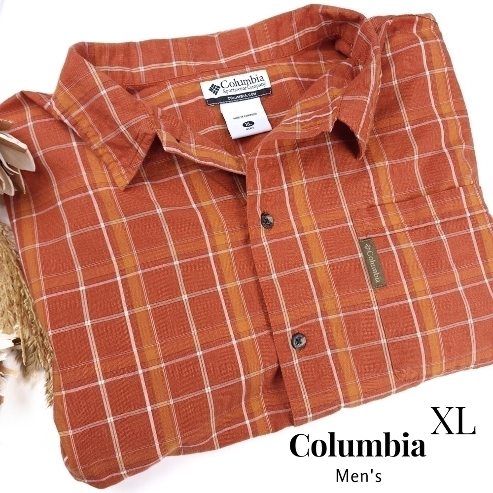 Columbia Men's Tan Rust Plaid Short Sleeve Shirt Sz XL